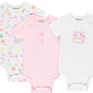 Pack de 7 bodies de manga corta fantaisie para bebé niña con aperturas diferentes según la edad. 