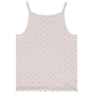 Camiseta de tirantes de canalé con festón y estampado fantasía para niña 