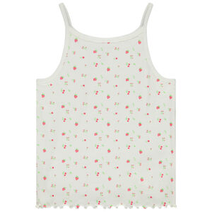 Camiseta de tirantes de canalé con festón y estampado fantasía para niña 