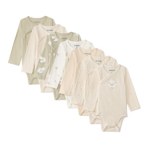 Conjunto de 7 bodies de manga larga para bebé con diferentes aperturas según la edad. 