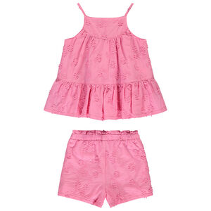 Conjunto de tirantes y short rosa con bordado inglés para bebé niña 
