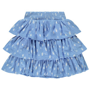 Falda corta de punto calado y estampado con volantes para niña 