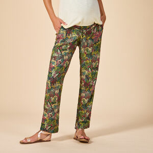 Pantalón fluido con cinturón anudado y estampado de hojas para mujer 