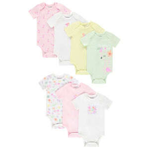 Pack de 7 bodies de manga corta fantaisie para bebé niña con aperturas diferentes según la edad. 