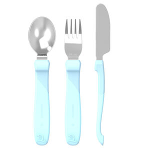 Set de 3 couverts d’apprentissage en inox 12+ mois – Bleu Pastel  
