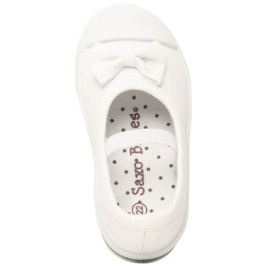 Babies blancas de lona con lazo y tirante elástico para niña 