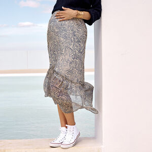 Falda larga con volantes y estampado abstracto para mujer. 