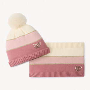 Conjunto gorro con pompón y cuello tubular efecto color block para niña 
