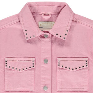 Chaqueta de mezclilla lisa con cuello camisero y tachuelas decorativas para niña 