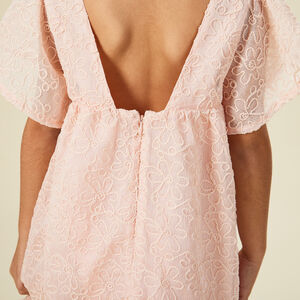 Vestido de manga corta de crepé y tul con motivo floral en cording para niña 