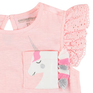 Camiseta de manga corta con volantes y bolsillo estampado 