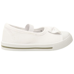 Babies blancas de lona con lazo y tirante elástico para niña 