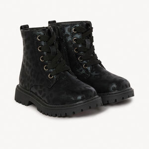 Botines negros con cordones y cremallera con estampado de leopardo para niña 