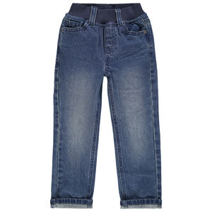 Jeans corte recto efecto desgastado con cintura elástica 