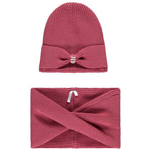 Conjunto de punto con gorro + snood con strass para niña. 