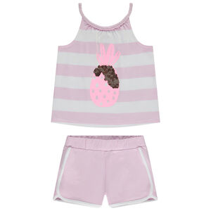 Conjunto camiseta sin mangas rayada fantasía con lentejuelas + short para niña 