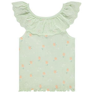 Camiseta sin mangas de punto acanalado con cuello de bordado inglés para bebé niña 