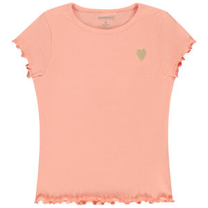 Camiseta de manga corta de punto acanalado con corazón bordado para niña 