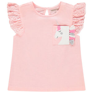 Camiseta de manga corta con volantes y bolsillo estampado 