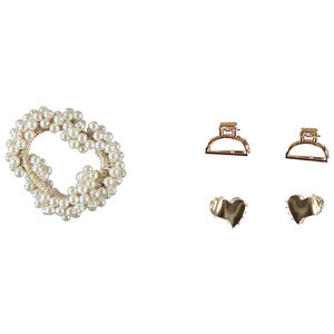 Set de 4 clips dorados + 1 coletero de perlas nacaradas para niña 